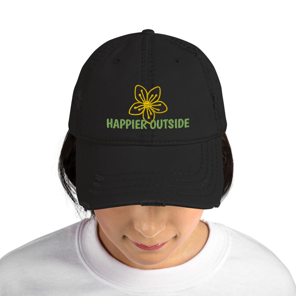 Happier Outside distressed ball cap, flower motif