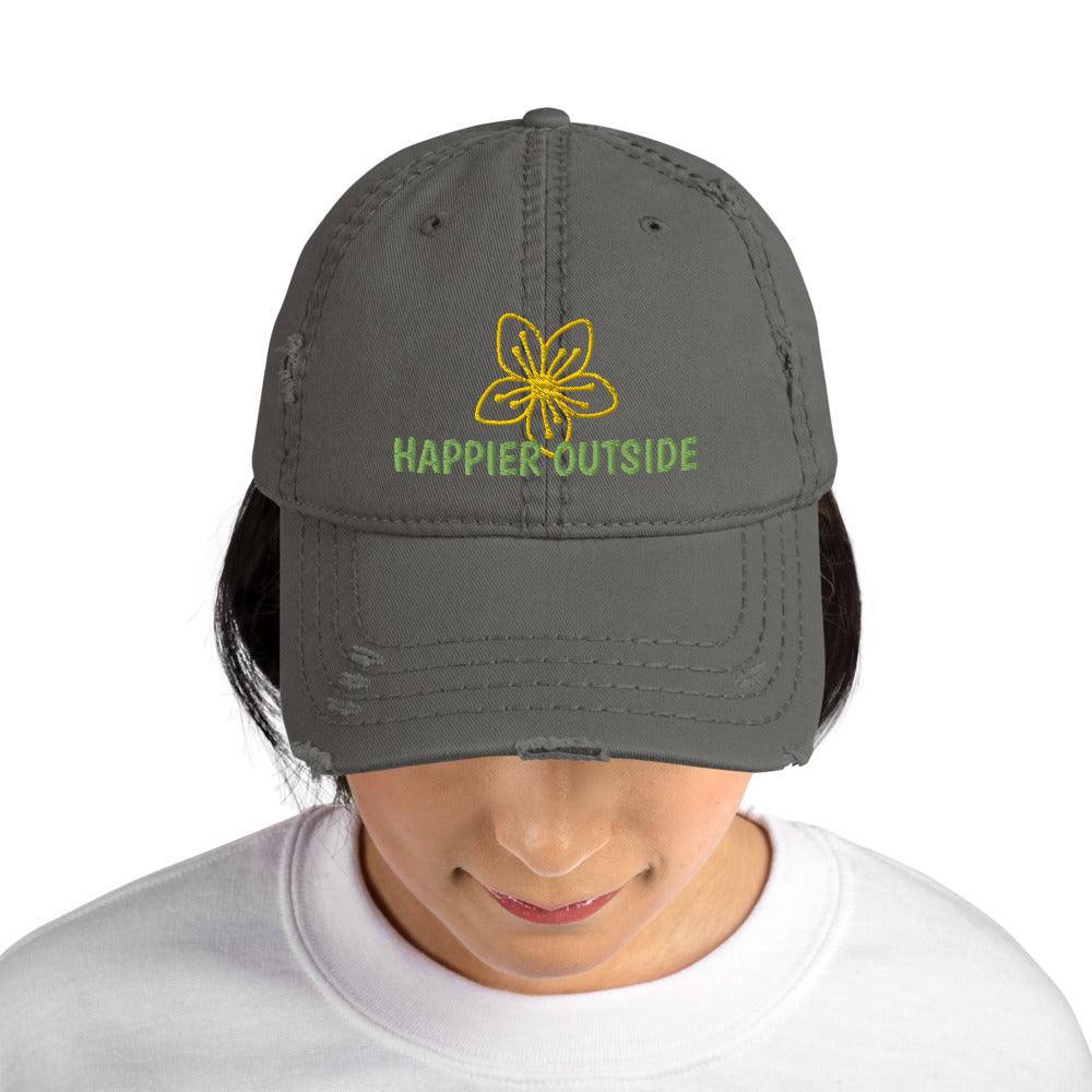 Happier Outside distressed ball cap, flower motif