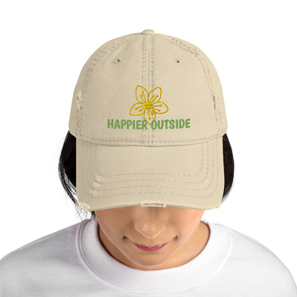 Happier Outside distressed ball cap, flower motif