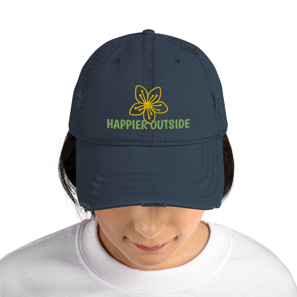 Happier Outside distressed ball cap, flower motif