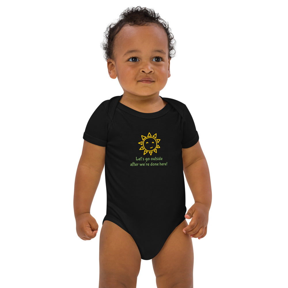 "Let's Go" Organic cotton baby bodysuit, sunshine motif